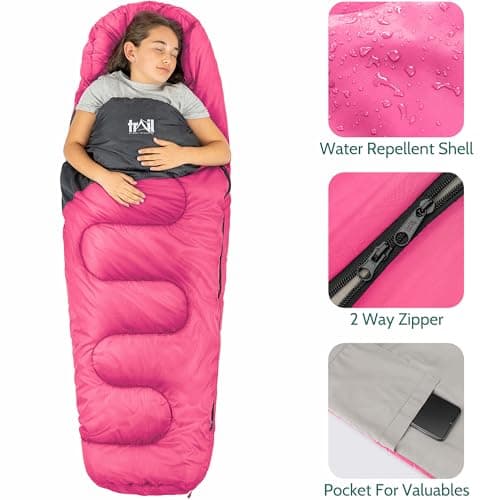 Trail Kids Sleeping Bag Mummy Shape 3 Season Camping 300gsm Boys Girls with Lightweight Rucksack Bag (Pink) — view 6
