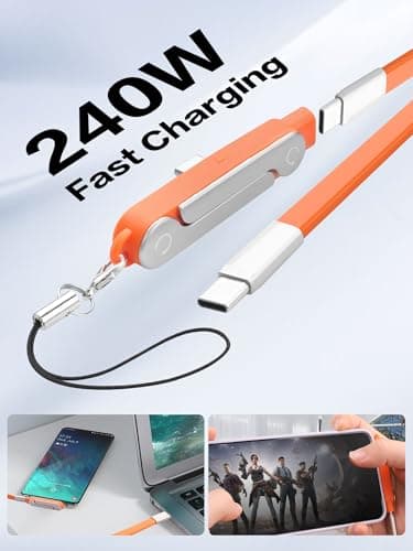 YACSEJAO 4.9FT Detachable 2-in-1 USB C Invisible Stand Charging Cable 240W 90 Degree USB C to USB C Flat Silicone Charger Cable Built-in Phone Stand for Gaming,Office,Car,Travel (Orange) — view 6