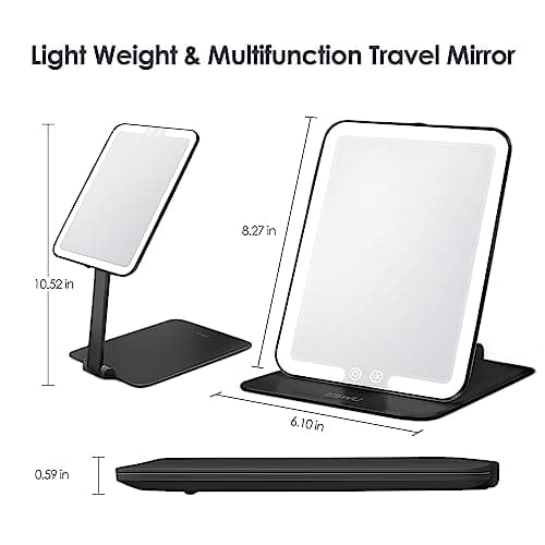 ESWU Travel Makeup Mirror with Light, Portable Folding Make Up Tabletop Mirror with 58 LEDs 3 Colors Light Modes Rechargable Compact Vanity Mirror with Adjustable Stand (Black) — view 2