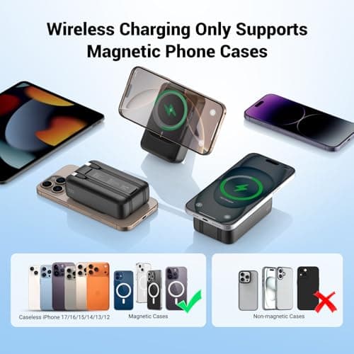 Magnetic Wireless Power Bank 26800mAh, PD 22.5W Type-C Fast Charging Portable Charger 5 Outputs, Battery Pack for Magsafe Built in Cables with Stand LED Display for iPhone Air 17/16/15/14/13/12-Black — view 4