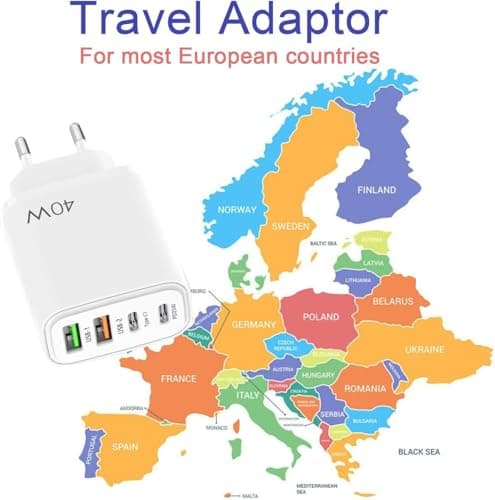 EU travel adapter charger, fast charging 2 USB C and 2 USB A European plugs, European wall adapter with 2 USBA port and 2 Type C ports, Compatible with fast charging of iPhone/Samsung and others — view 2