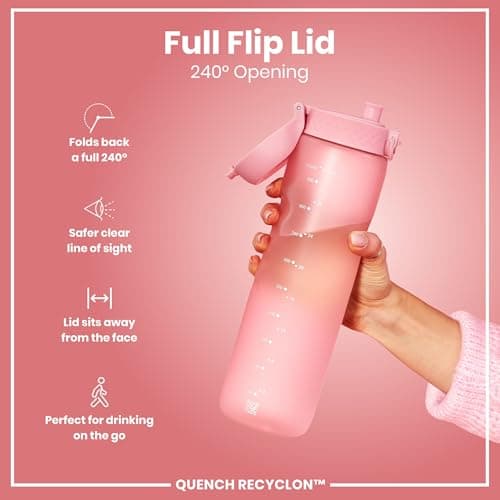 ION8 1 Litre Water Bottle, Leak Proof, Flip Lid, Carry Handle, Rapid Hydration, Dishwasher Safe, BPA Free, Contoured Grip, Ideal for Travel, Gym & Activity, Carbon Neutral Recyclon, 32 oz, Rose Pink — view 4
