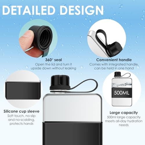 Ghshanog Flat Water Bottle for Purse,500ML Portable Square Water Bottle with Handle,Tritan Slim Water Bottles Leak-Proof Travel Flask Mug for Mountain Climbing, Camping, Parties, School — view 2