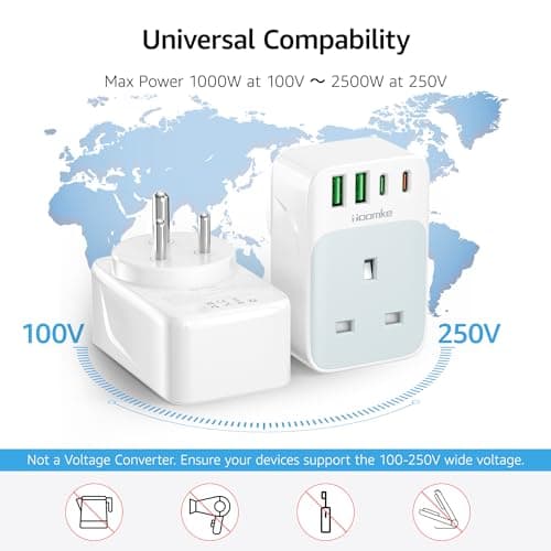 UK to India Plug Adapter, India Travel Adapter with 1 UK Socket and 4 USB(USB C 35W Fast Charger), UK to India Plug Adaptor for India, Pakistan, Sri Lanka, Yemen, Burma,Maldives and More(Type D) — view 3