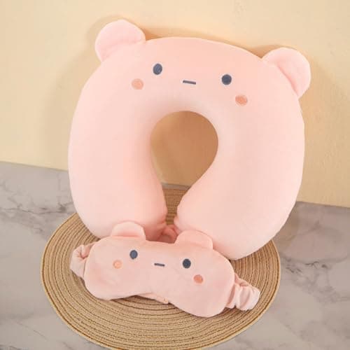 Travel Pillow Kids Travel Pillow with Sleep Eye Mask Cute Neck Pillow for Travel Soft Memory Foam Travel Neck Pillow for Adults and Kids Airplane Sleeping Travel and Camping (pink cat) — view 4