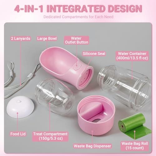 YINKIGI Portable Dog Water Bottle for Walking, 4-in-1 Pet Water Bottle Pink — view 3