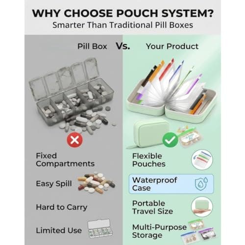 A8 Waterproof Pill Organizer Set with 14 Color-Pill Pouches,Reusable Waterproof Pi/ll Pouches,Large Weekly Travel M/edicine O/rganizer,Portable Zippered Travel Medicine O/rganizer for Fish Oils#Green — view 2