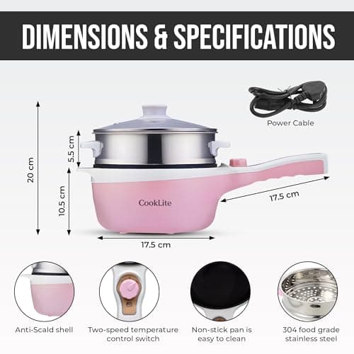 Electric Hot Pot with Steamer – 1.8L Multi-Functional Cooker, Non-Stick, Adjustable Temperature, Portable & Compact for Easy Cooking, Boiling, Simmering & Frying – Ideal for Home, Dorm & Travel (Pink) — view 3