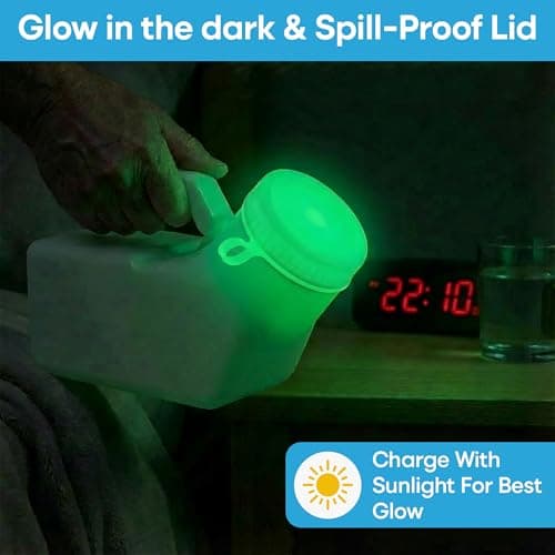 Urinals for Men Glow in The Dark Lid by Tilcare (1 Pack) - 32oz/1000mL Thick Plastic Mens Bedpan Bottle with Screw-on Lid - Spill Proof Urinary Chamber - Male Portable Travel Pee Bottles — view 2