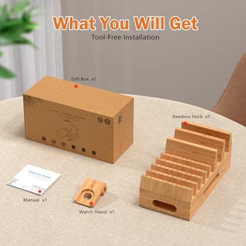 All In One Family Dock Station, Wooden Bamboo Charge Stand-Natural Bamboo — view 3