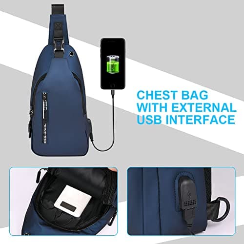 Aucuu Shoulder Bags Chest Bags, Usb Rechargeable Sling Bags, Crossbody Daypacks Small Backpacks, Anti-theft Waterproof Lightweight One Strap Rucksack Messenger Bags for Hiking, (Blue) — view 2