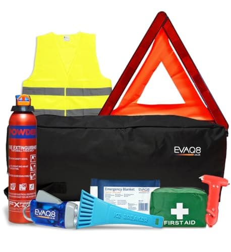 EVAQ8 Car Breakdown Emergency Kit with Fire Extinguisher – Complete Roadside Safety Kit with First Aid, Warning Triangle, Hi Vis Vest, Torch & Blanket