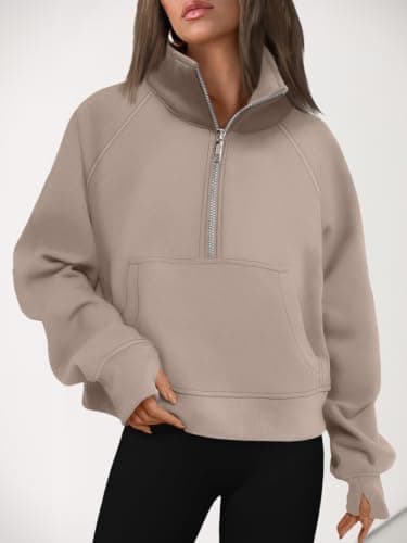 LILLUSORY Womens Loose Fit Sweatshirts Cropped Half Zip Tops Coffee Grey XL — view 6