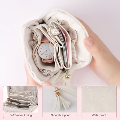 Adiwo Women Jewelry Storage Bag, 6 Layer Jewellery Accessories Pouches, Travel Jewellery Organiser with Zipper, PU Leather, Mini Portable Jewelry Pouch for Trip, for Rings Necklaces Earrings, Beige — view 3