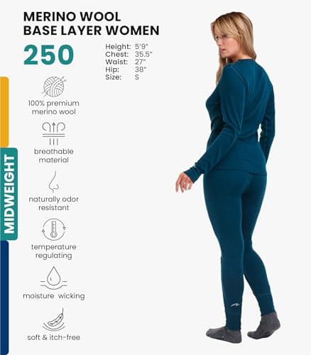 100% Merino Wool Base Layer Womens Set - Thermal Underwear Womens + Socks (Large, 250 Deep Teal) — view 2