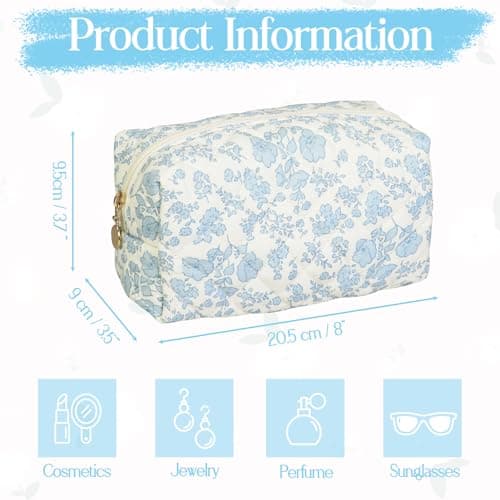 Travel Toiletry Bag, Portable Cotton Travel Coquette, Floral Makeup Bag, Quilted Cosmetic Pouch for Women Girls Bathroom Daily (Blue-02) — view 3