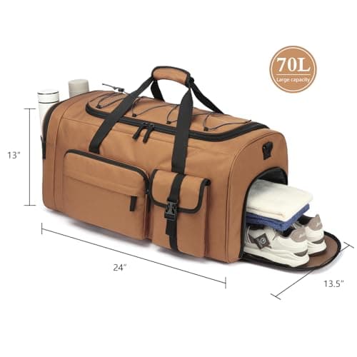 Lyweem 70L Large Duffle Bag for Men Travel, Sports Holdall Bag with Backpack Straps & Shoe Compartment, Waterproof Traveling Duffel for Weekend Overnight Women Gym Backpack, Khaki — view 6