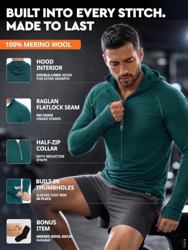 MERINNOVATION 100% Merino Wool Hoodie for Men - Thermal Base Layer Men's Long Sleeve Half Zip Sweatshirt for Hiking Travel, Bayberry Green, L — view 3