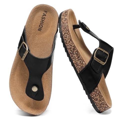 Foinledr Cork Footbed Sandals for Women & Men, Adjustable Buckle Flip Flops