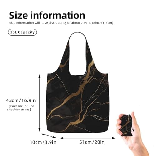 KKLWEGU Reusable Shopping Bags Lightweight Foldable Grocery Bags In Pocket,Washable Large Tote Bags Black Gold Marble Travel Shoulder Bag Gifts For Women Men — view 2