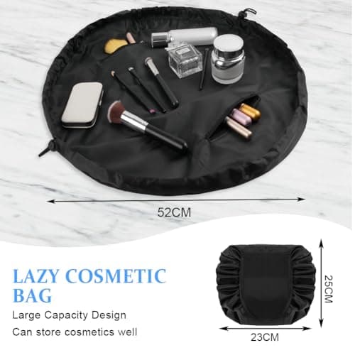 URAQT Lay Flat Drawstring Makeup Bag, Large-Capacity Travel Cosmetic Pouch, Portable Quick Pack Lazy Drawstring Make Up Bag for Daily Use, Magic Cosmetic Bag with Small Pocket for Women, Black — view 4