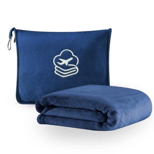 JAJALUYA Travel Blanket, Soft 2-in-1 Airplane Blanket, 65x40 Inches, Travel Essentials Car Blanket with Luggage Sleeve & Backpack Clip (Navy Blue)