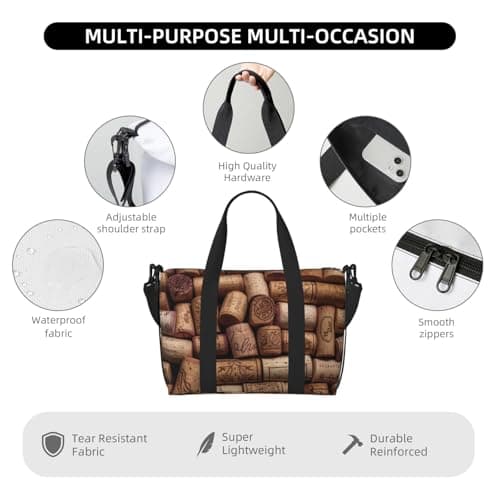 Wine Cork Printed Travel Bag Duffle Bag for Men Women, Large Water Resistant Gym Bag Weekend Holdall Bag with Shoulder Strap — view 3