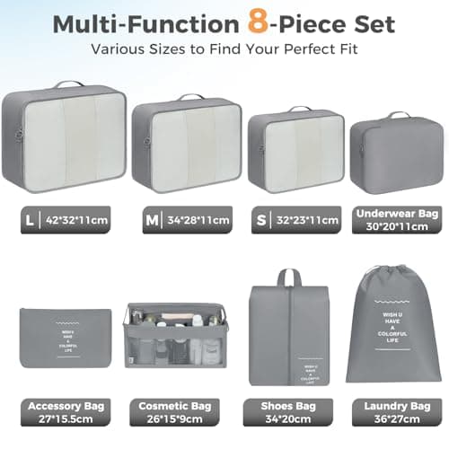 BAGAIL 8-Piece Packing Cubes Set, Travel Organizers with Breathable Mesh & Shoe Bag, Lightweight Nylon Packing Organisers for Luggage Suitcase, 9 Colors - Grey — view 3