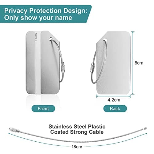 Luggage Tags, 2Pcs Aluminum Alloy Baggage Labels, Suitcase ID Tag Set, Handbag Tag Labels Travel Accessories for Checked Luggage, Hand Luggage and Handbags - Black & Silver — view 2