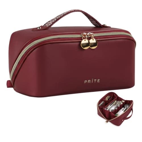 Prite Travel Makeup Bag Flat Lay Cosmetic Case with Brush Pocket, Red, L