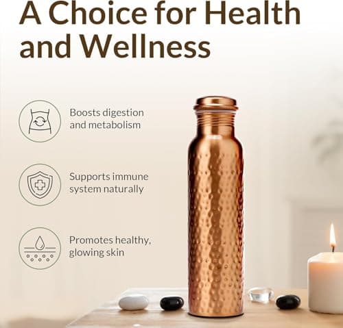 AVA DESIGNZ Hand Hammered Pure Copper Water Bottle 950 ml – Ayurvedic Leakproof Metal Sports & Gym Water Bottle | BPA Free Large Water Bottle for Yoga Travel and Office Canvas Bag & Brush Lab Tested — view 5