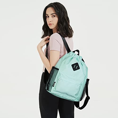 WANDF Drawstring Backpack Sports Gym Bag with Shoes Compartment, Water-Resistant String Backpack Cinch for Women Men (Mint Green,Medium) — view 6