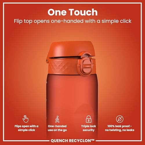 ION8 1 Litre Water Bottle, Leak Proof, Flip Lid, Carry Handle, Rapid Hydration, Dishwasher Safe, BPA Free, Contoured Grip, Ideal for Travel, Gym & Activity, Carbon Neutral Recyclon,32oz, Hearty Orange — view 3