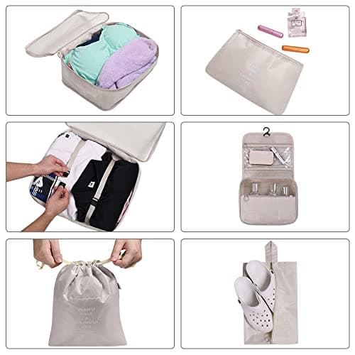 OSDUE Packing Cubes for Suitcases, 8 PCS Travel Luggage Packing Organizers Waterproof Travel Essentials Bag Accessories, Clothes Shoes Cosmetics Toiletries Storage Bags, Beige — view 5