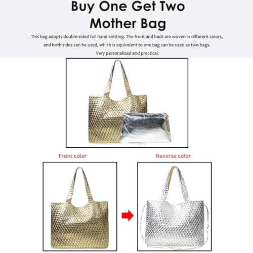 JINMANXUE Woven Tote Bag for Women, Large Summer Beach Travel Handbag and Purse Retro Handmade Shoulder Bags, Champagne Gold, One Size — view 4
