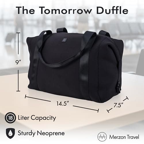 The Tomorrow Duffle from Merzon Travel, Weekender Carry On Duffle with 18L Capacity, TSA Approved Personal Item, Travel Bag with Trolley Sleeve, Made from Sturdy Neoprene and Nylon, NTB-714-BLK, Black — view 2