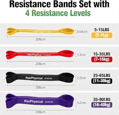RecPhysical Resistance Bands Set for Men & Women - 4 Levels Exercise Band with Grip Pads and Door Anchor, Pull Up Bands for Strength Training, Stretching, Powerlifting, Home Workouts(5-90LBS) — view 2