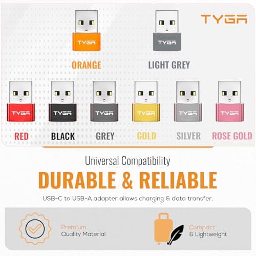 TYGA USB C to USB A Adaptor 2.0 - USB C Female to USB A Male Connector for Charging & Data Transfer, Plug-and-Play, Durable Aluminum Housing, Portable Converter for Android & IOS Devices - 3 Gold — view 6