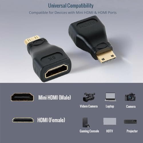Tecmojo 8K Mini HDMI to HDMI Adapter, Female to Mini HDMI Male Adapter Support 8K@60Hz,4K@120Hz, Compatible with Raspberry Pi, Camera, Tablet, Laptop, Projector, Monitor, 2Pack, Black — view 3