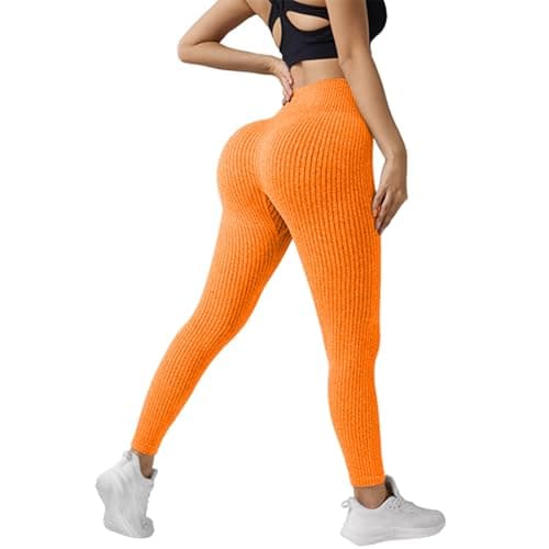 Compression Legging Women's High-Waisted Ribbed Leggings Orange — view 2