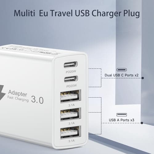 EU Travel Adapter Charger, 50W European Plug Adapter Fast Charger with 2 USB C&3 USB A, European Wall Adaptor EU Adaptor USB Plug Fast Charging with 1M USB C Cable for iPhone 17 16 15, iPad, Samsung — view 6