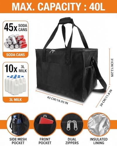 2 Pack Cooler Bag, 40L Large Lunch Cooler Bag with Adjustable Shoulder Strap, 2 Side Holder and Handle Straps Cool Box for Picnic, Ice Packs for Foldable Cooling Bags for BBQ, Party, Camping (Black) — view 2