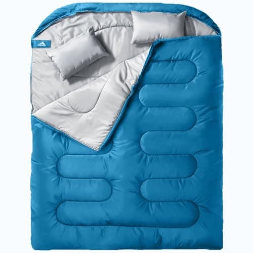 MEREZA Double Sleeping Bag for Adults Mens with Pillow, XL Queen Size Two Person Sleeping Bag for All Season Camping Hiking Backpacking 2 Person Sleeping Bags for Cold Weather & Warm (BLUE)