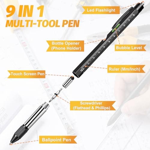 Omeblos Gifts for Men, 9 in 1 Multi Tool Pen with LED Light, Screwdriver, Stylus, Ruler, Level, Corkscrew, Cool Gadget for Him, Mens Gifts for Christmas, Stocking Fillers for Men — view 3