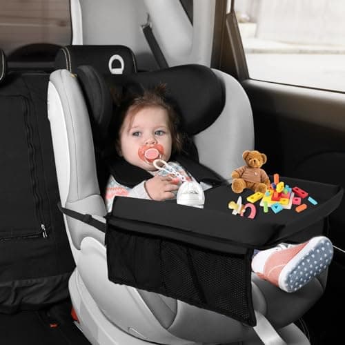 Kids Travel Tray for Toddler Car Seat, Foldable Car Tray Toddler Car Seat Tray with Pocket and Adjustable Shoulder Strap, Kids Car Lap Tray Snack Play Travel Tray for Kids Travel Airplane(Black) — view 6