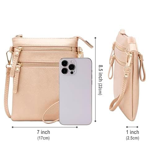 Solene Women's Crossbody Bag Multi Zipper Pockets with Detachable Wristlet, Lightweight Travel Purse, Cell Phone Purses, Rose Gold, M — view 6