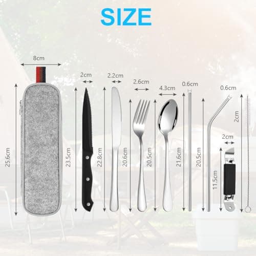 HOTUT Travel Cutlery Set with Portable Pouch Case, 9 Pcs Camping Cutlery Set with Bottle Opener Straw Spoon Knife Fork, Stainless Steel Flatware Set Portable Utensils for Outdoor Travel Picnic Office — view 2