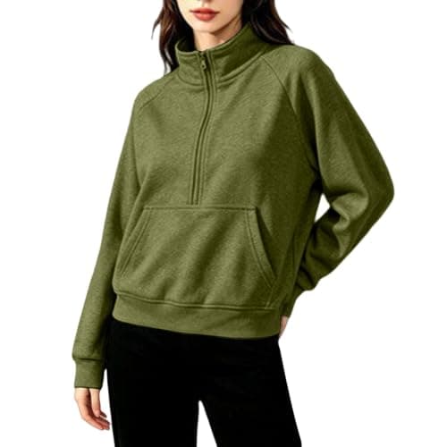 Womens Half Zip Pullover Sweatshirt,Fleece Stand Collar,Crop Thumb Hole Top