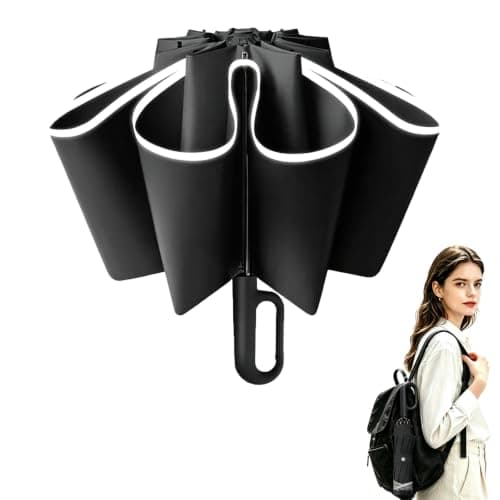 Sumlly Compact Inverted Umbrella with Carabiner Handle, 10 Ribs (Black)