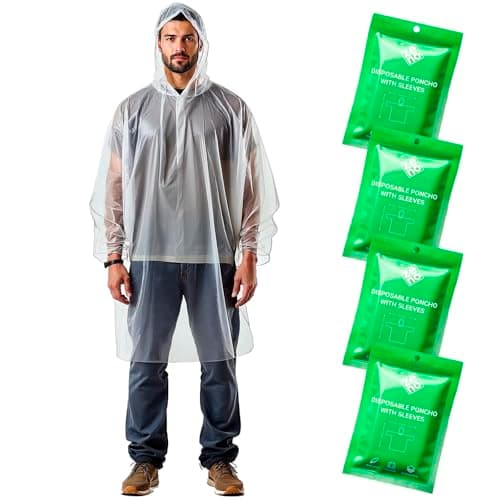 ZENO Disposable Rain Poncho Waterproof with Sleeves - For Adults - Rain Coat with Hood, Pack of 4 - for Women and Men - Hiking, Camping